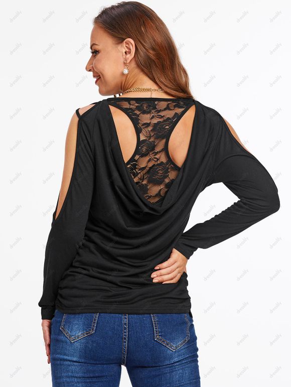 T-shirt Fleur en Dentelle Insérée à Epaule Dénudée en Fausse Deux Pièces - Noir XXXL