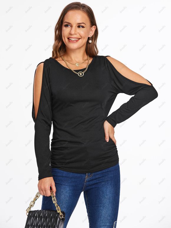 T-shirt Fleur en Dentelle Insérée à Epaule Dénudée en Fausse Deux Pièces - Noir XXXL