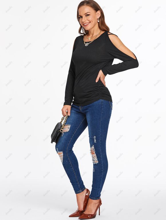 T-shirt Fleur en Dentelle Insérée à Epaule Dénudée en Fausse Deux Pièces - Noir XXXL