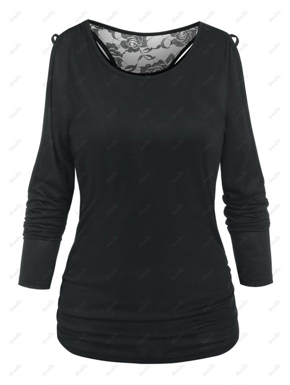 T-shirt Fleur en Dentelle Insérée à Epaule Dénudée en Fausse Deux Pièces - Noir XXXL