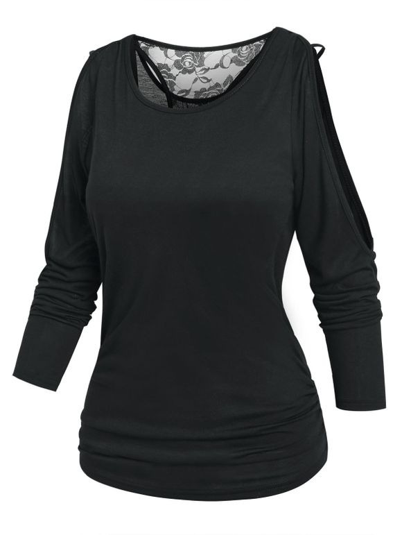 T-shirt Fleur en Dentelle Insérée à Epaule Dénudée en Fausse Deux Pièces - Noir XXXL