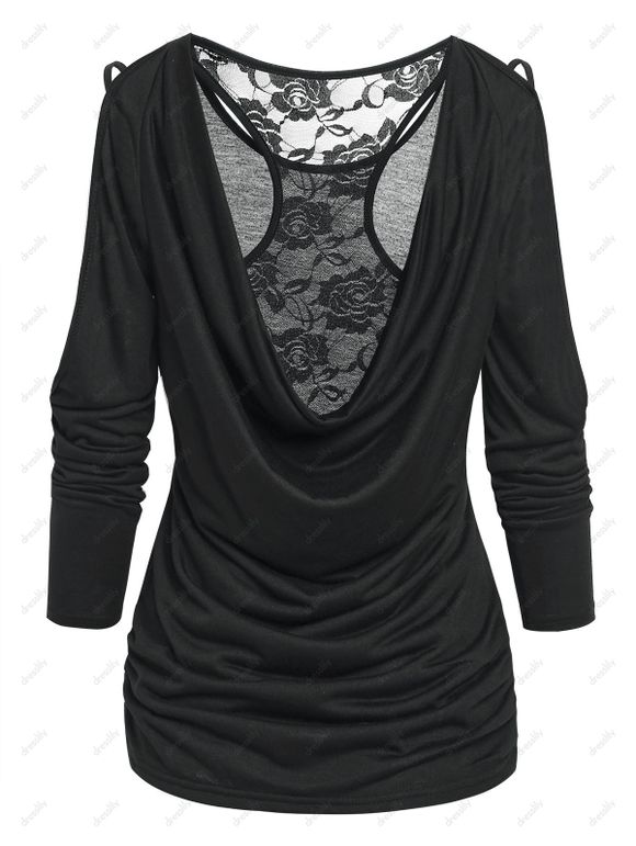 T-shirt Fleur en Dentelle Insérée à Epaule Dénudée en Fausse Deux Pièces - Noir XXXL