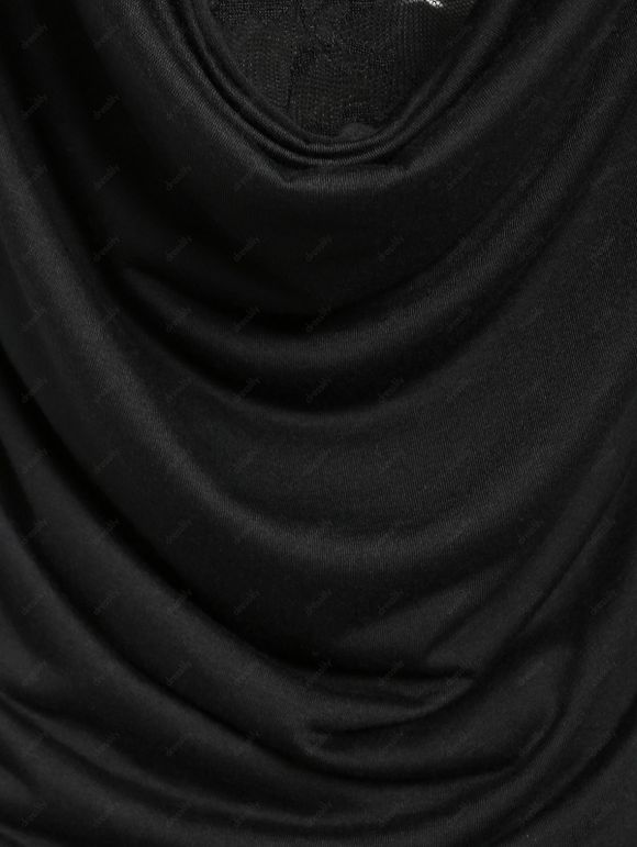 T-shirt Fleur en Dentelle Insérée à Epaule Dénudée en Fausse Deux Pièces - Noir XXXL