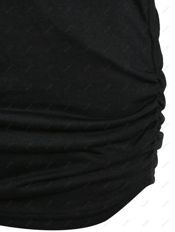 T-shirt Fleur en Dentelle Insérée à Epaule Dénudée en Fausse Deux Pièces - Noir XXXL