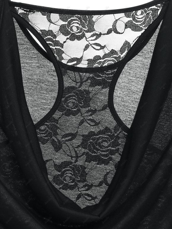 T-shirt Fleur en Dentelle Insérée à Epaule Dénudée en Fausse Deux Pièces - Noir XXXL