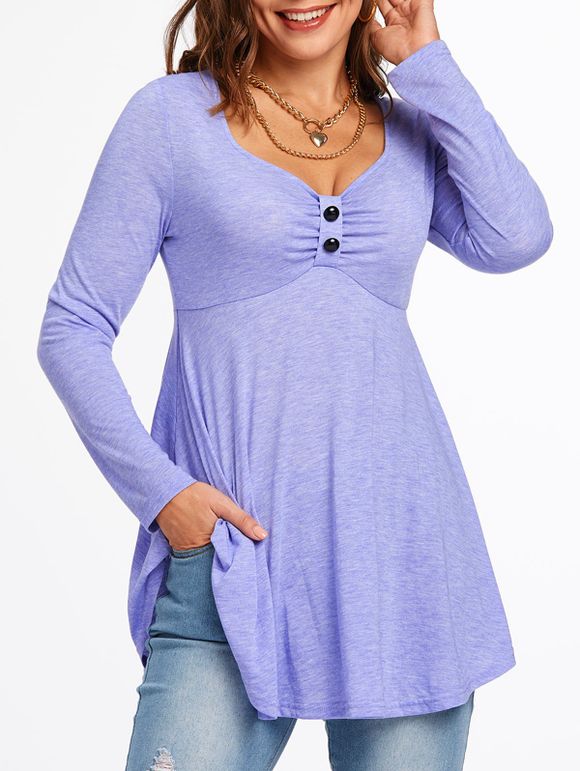 T-shirt Chiné Embelli de Bouton à Manches Longues - Violet clair XL