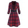 Vintage Plaid Checked Lace Up O Ring Belted Roll Up Sleeve Shirt Dress - RED S