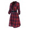 Vintage Plaid Checked Lace Up O Ring Belted Roll Up Sleeve Shirt Dress - RED XXL