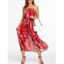 Garden Party Dress Floral Print Midi Dress Spaghetti Strap A Line Dress Belted Chiffon Beach Dress - RED M