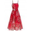 Garden Party Dress Floral Print Midi Dress Spaghetti Strap A Line Dress Belted Chiffon Beach Dress - RED M