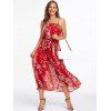 Garden Party Dress Floral Print Midi Dress Spaghetti Strap A Line Dress Belted Chiffon Beach Dress - RED M
