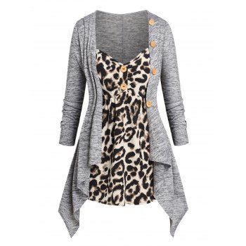 

Plus Size Draped Leopard Print Irregular Tee, Light gray
