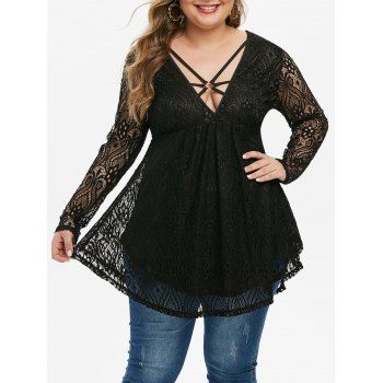 Plus Size Plunge O Ring Strappy Lace Tee