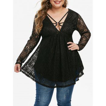 

Plus Size Plunge O Ring Strappy Lace Tee, Black