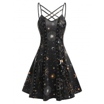 

Sun and Moon Print Crisscross Lace Up Dress, Black