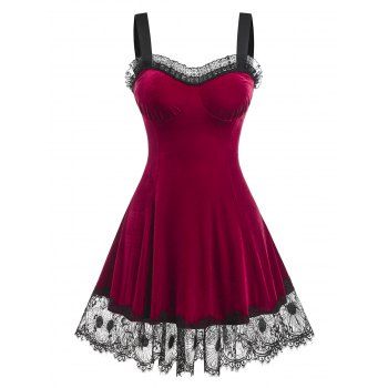 

Plus Size Lace Panel Velvet Knee Length Dress, Deep red