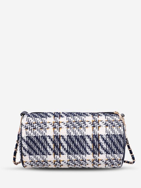 Sac à Bandoulière Cylindre à Carreaux en Tweed - Bleu profond 