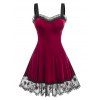 Plus Size Lace Panel Velvet Knee Length Dress - DEEP RED 4X