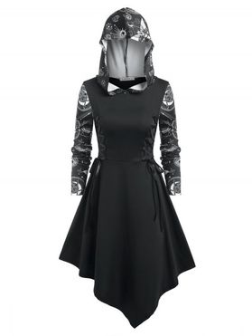 Gothic Asymmetrical Printed Lace Up Hooded Midi Casual Dress