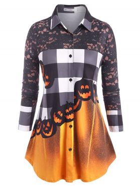 Plus Size Halloween Pumpkin Print Button Up Shirt