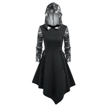 

Gothic Asymmetrical Printed Lace Up Hooded Midi Casual Dress, Black