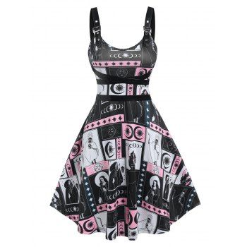 

Full Print Buckled Straps Halloween Dress, Black