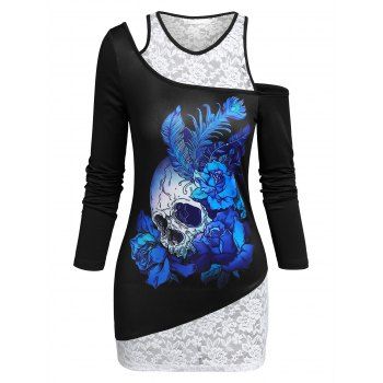 

Skull Flower Print Lace Panel Asymmetrical Top, Black