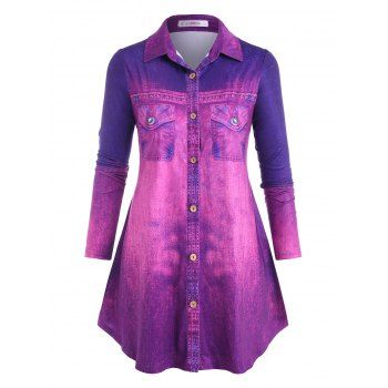 

Plus Size Ombre 3D Jean Print Long Sleeve Shirt, Purple