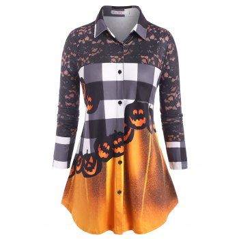 

Plus Size Halloween Pumpkin Print Button Up Shirt, Dark orange