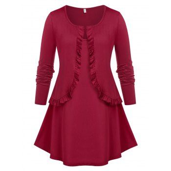 

Plus Size Ruffled Open Front Top and Camisole Set, Red