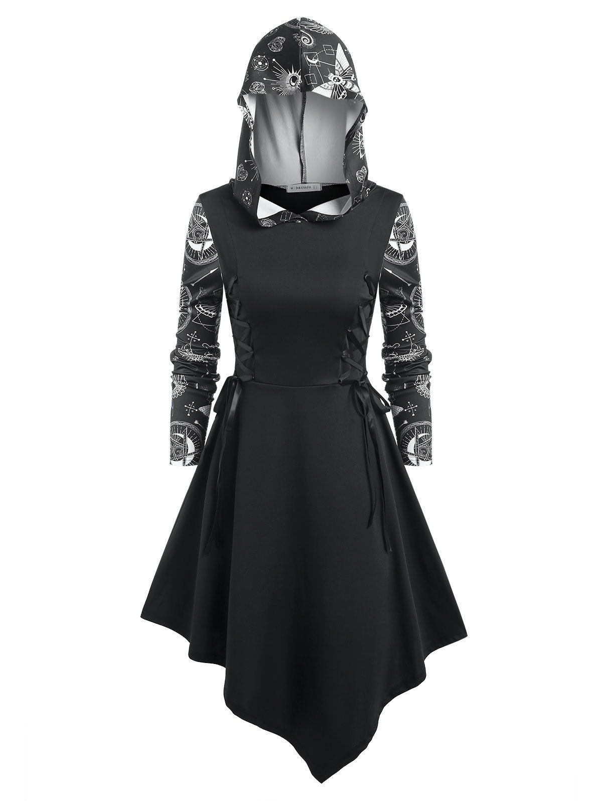 Gothic Asymmetrical Printed Lace Up Hooded Midi Casual Dress - BLACK M