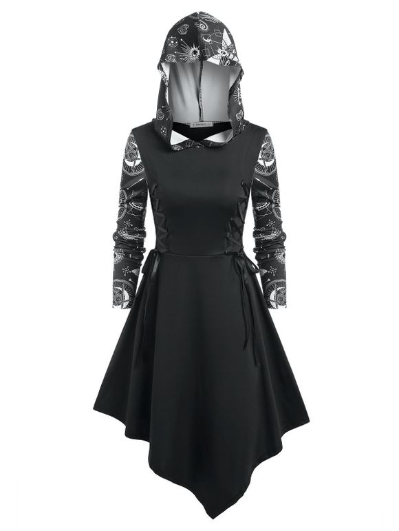 Robe Décontractée Mi-Longue à Capuche Gothique Asymétrique Imprimée à Lacets - Noir XXXL