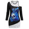 T-shirt Asymétrique à Imprimé Fleur Crâne à Empiècement en Dentelle - Noir M