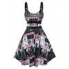 Robe D'Halloween Evasée Vintage à Bretelle Bouclée à Imprimé Lune Soleil et Étoile Partout - Noir XL