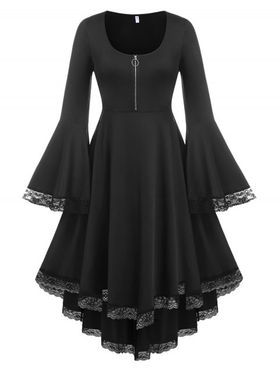Plus Size Half Zipper Bell Sleeve Lace Egde Irregular Dress