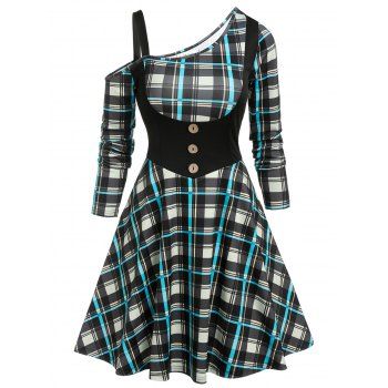 

Plaid Skew Neck Faux Twinset Dress, Black