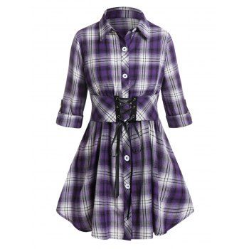 

Plus Size Plaid Corset Style Lace-up Roll Up Sleeve Blouse, Concord