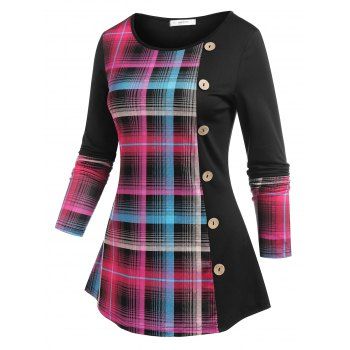 

Mock Button Plaid T-shirt, Black