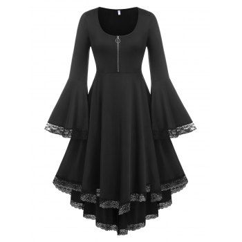 

Plus Size Half Zipper Bell Sleeve Lace Egde Irregular Dress, Black