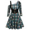 Plaid Skew Neck Faux Twinset Dress - BLACK XL
