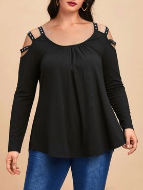 Plus Size Ribbed Studded Cutout Long Sleeve Tee