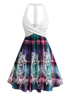 Celestial Sun Moon Print Mini Dress Crossover Plunging A Line Dress Lace Insert Sleeveless Dress