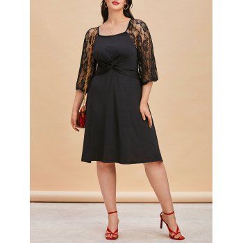 

Plus Size Lace Insert Sheer Twisted Dress, Black