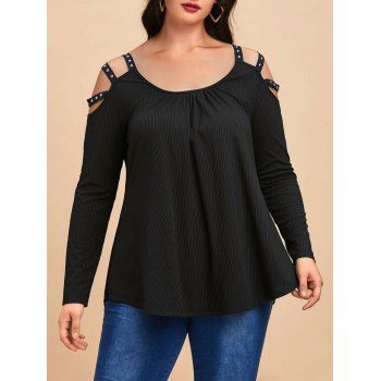 

Plus Size Ribbed Studded Cutout Long Sleeve Tee, Black