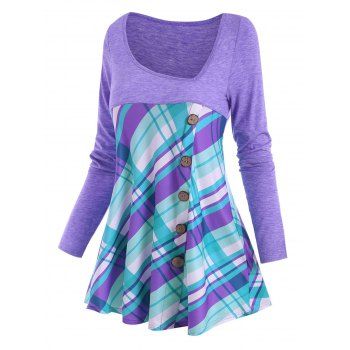 

Plaid Mock Button Asymmetric Neck T Shirt, Light purple