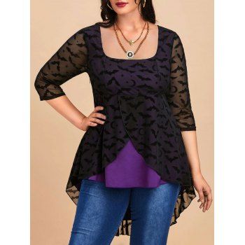 

Plus Size Halloween Bat Print High Low Tee, Black