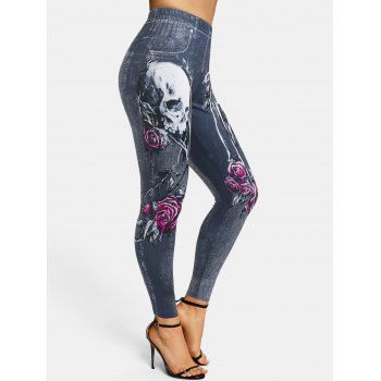 

High Waisted Skulls Flowers 3D Print Skinny Jeggings, Light blue