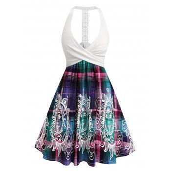 

Celestial Sun Moon Print Mini Dress Crossover Plunging A Line Dress Lace Insert Sleeveless Dress, Purple
