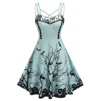 

Tree Bats Printed Spaghetti Straps Lace Insert Gothic Dress, Light green