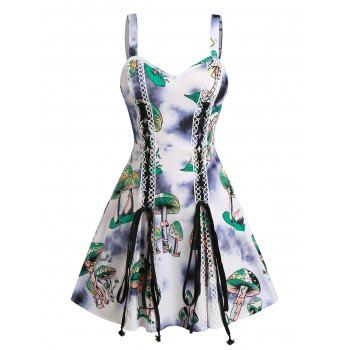 

Retro Mushroom Tie Dye Print Picot Lace Up Cami Fit and Flare Dress, Gray